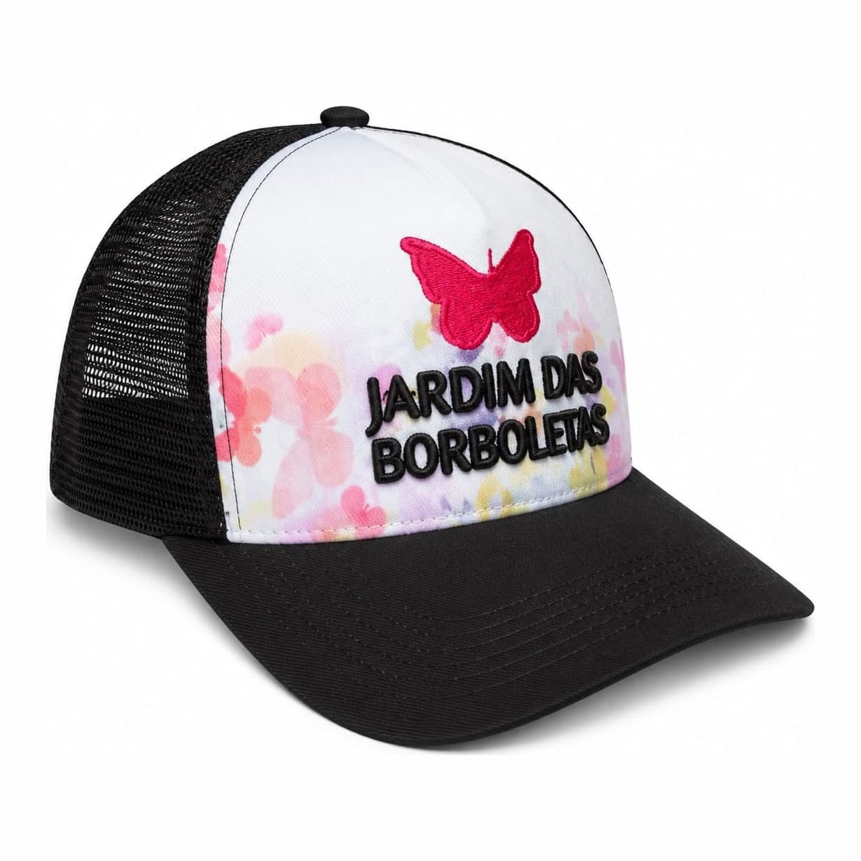 Boné Trucker Jardim das Borboletas — Frente floral e aba preta