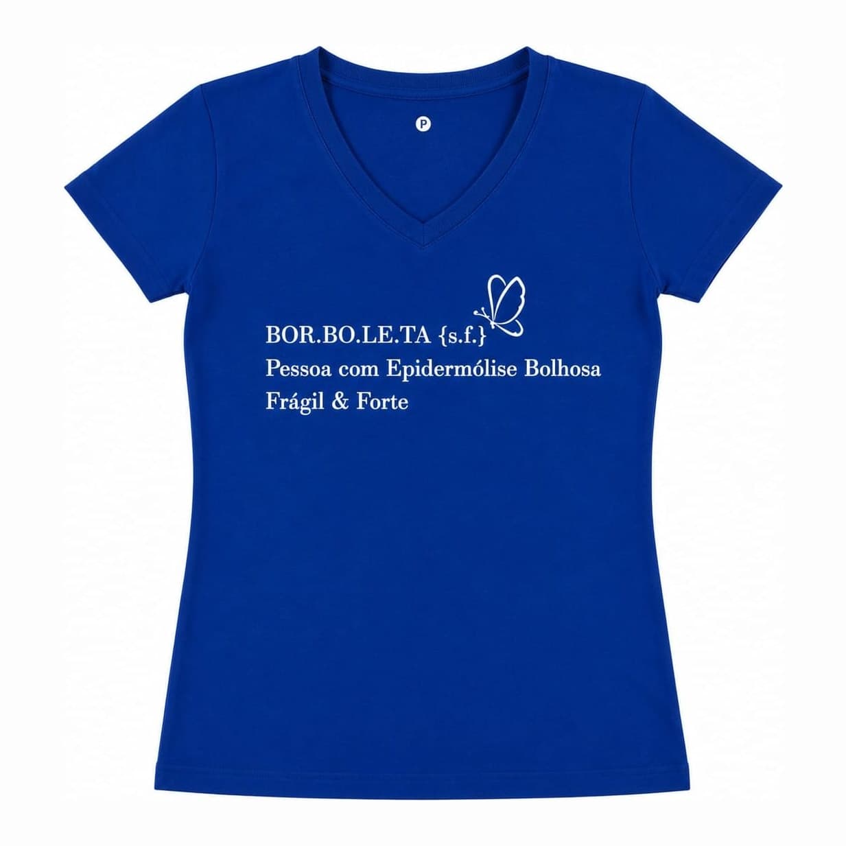 Camiseta Borboletas — Frágil & Forte — Azul escuro — gola V