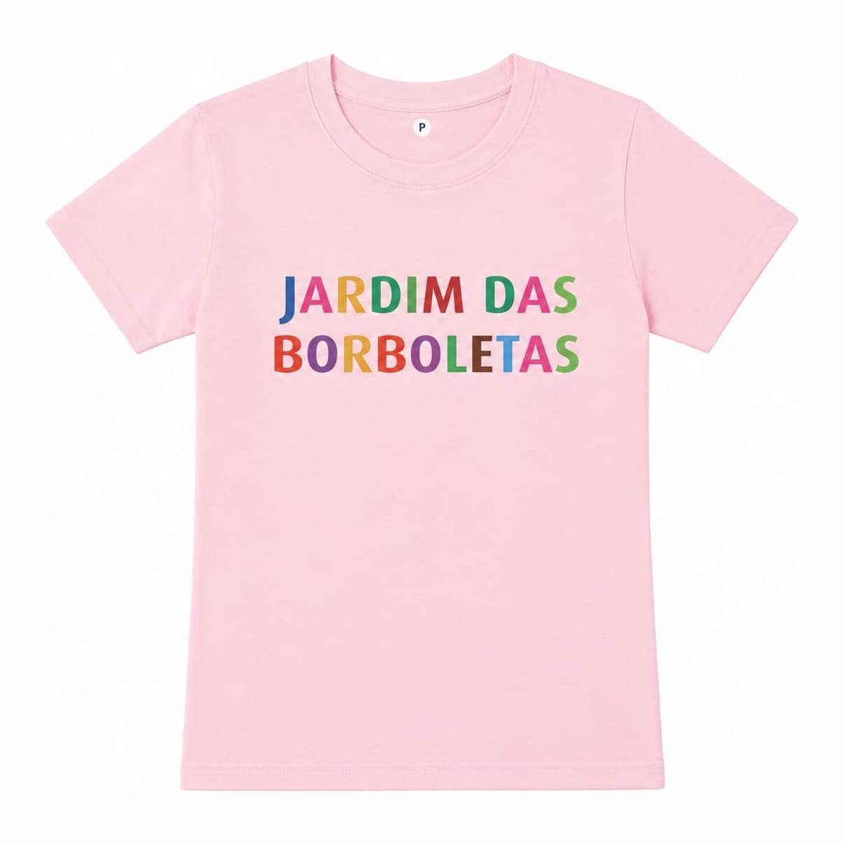 Camiseta Jardim das Borboletas — Arco-Íris — Rosa claro — gola redonda