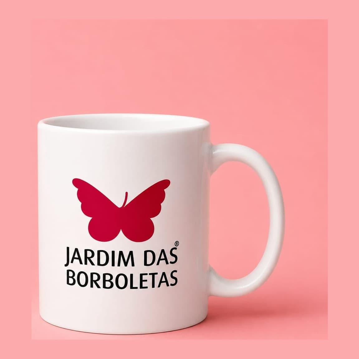 Caneca Jardim das Borboletas — Branca clássica, borboleta vermelha
