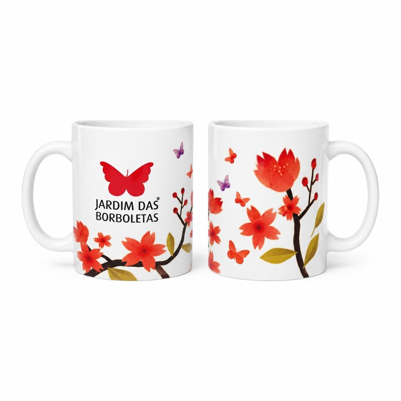 Caneca Jardim das Borboletas — Branca, galho de flores vermelhas