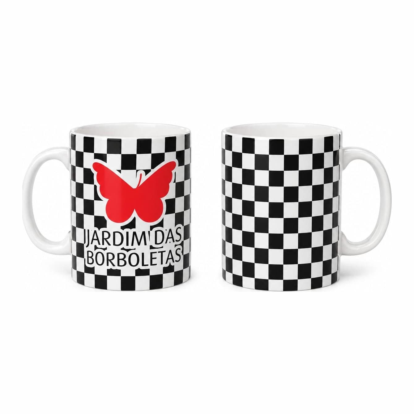 Caneca Jardim das Borboletas — Xadrez preto e branco