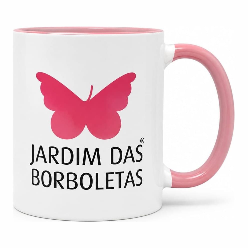 Caneca Jardim das Borboletas — Branca, alça e interior rosa