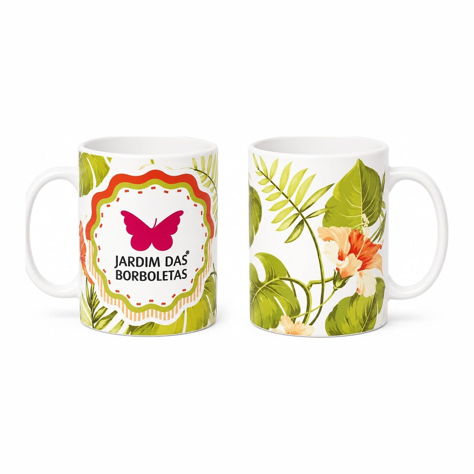 Caneca Jardim das Borboletas — Tropical, folhas verdes e borboleta rosa