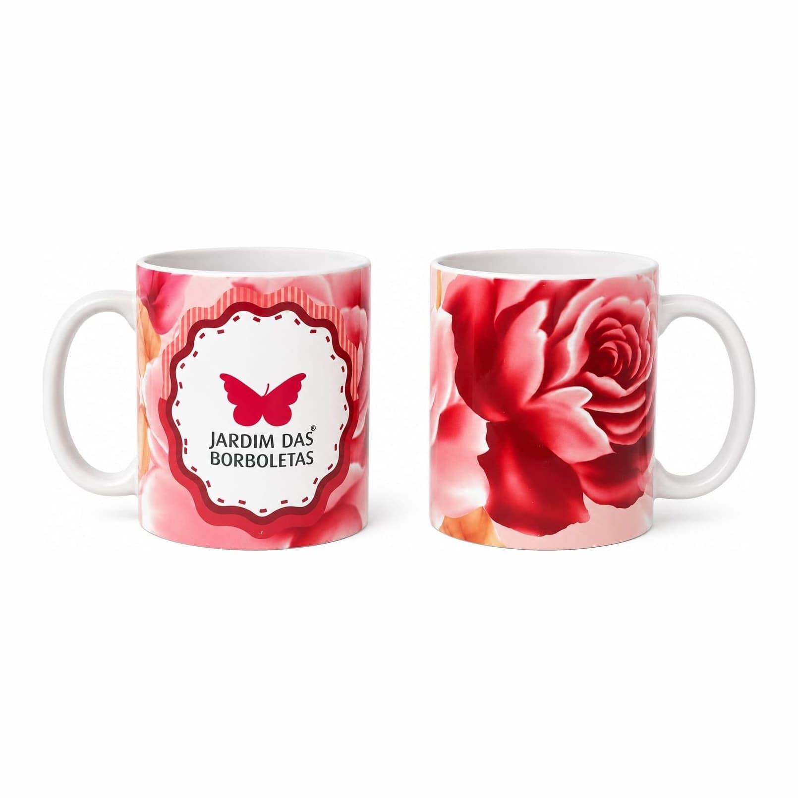 Caneca Jardim das Borboletas — Floral coral, rótulo rendado