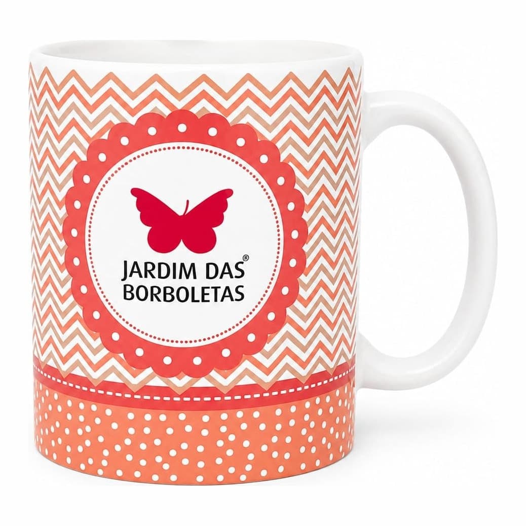 Caneca Jardim das Borboletas — Chevron laranja com poá