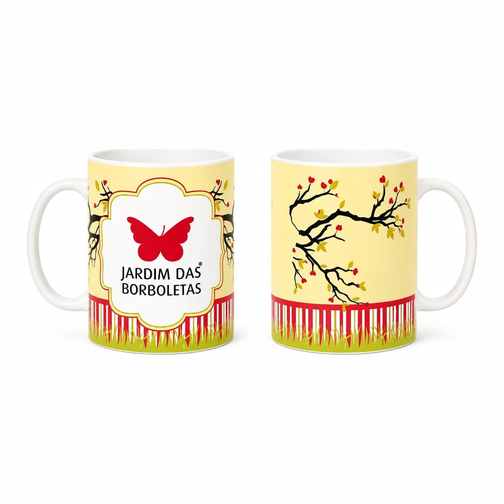 Caneca Jardim das Borboletas — Amarela floral, borboleta vermelha