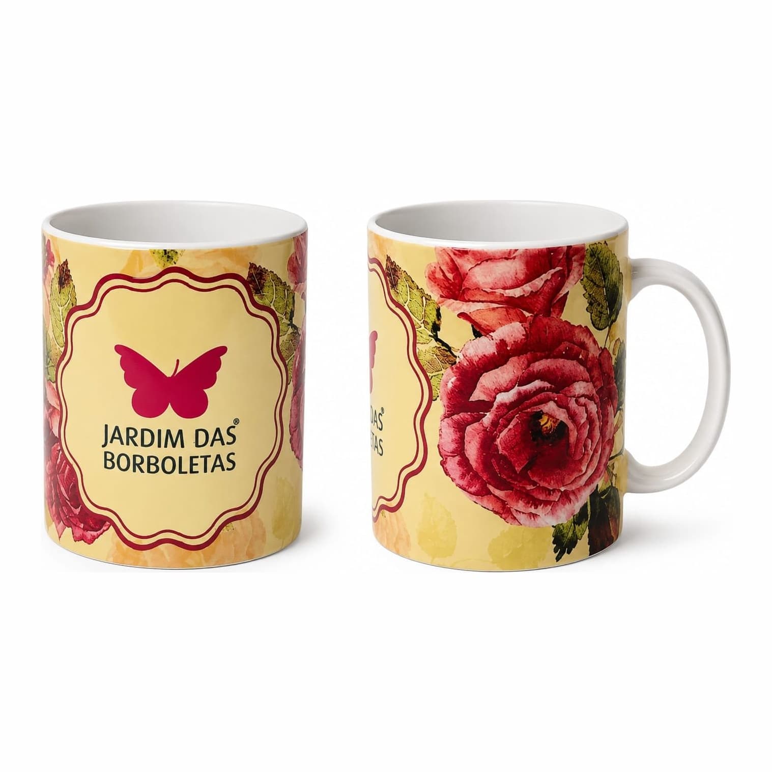 Caneca Jardim das Borboletas — Amarela floral, moldura bege